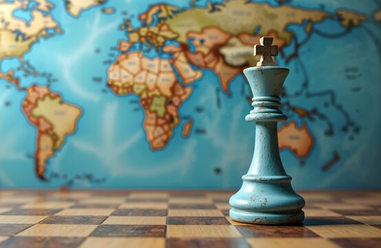 Chess king piece on chessboard with world map background. Strategic business leadership concept. Geopolitical strategy planning and global challenges, competition, teamwork, decision making.