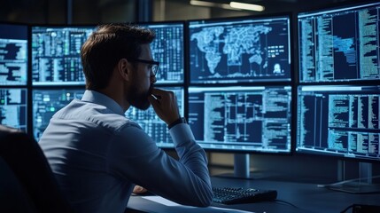 A man in front of a large display of computer screens