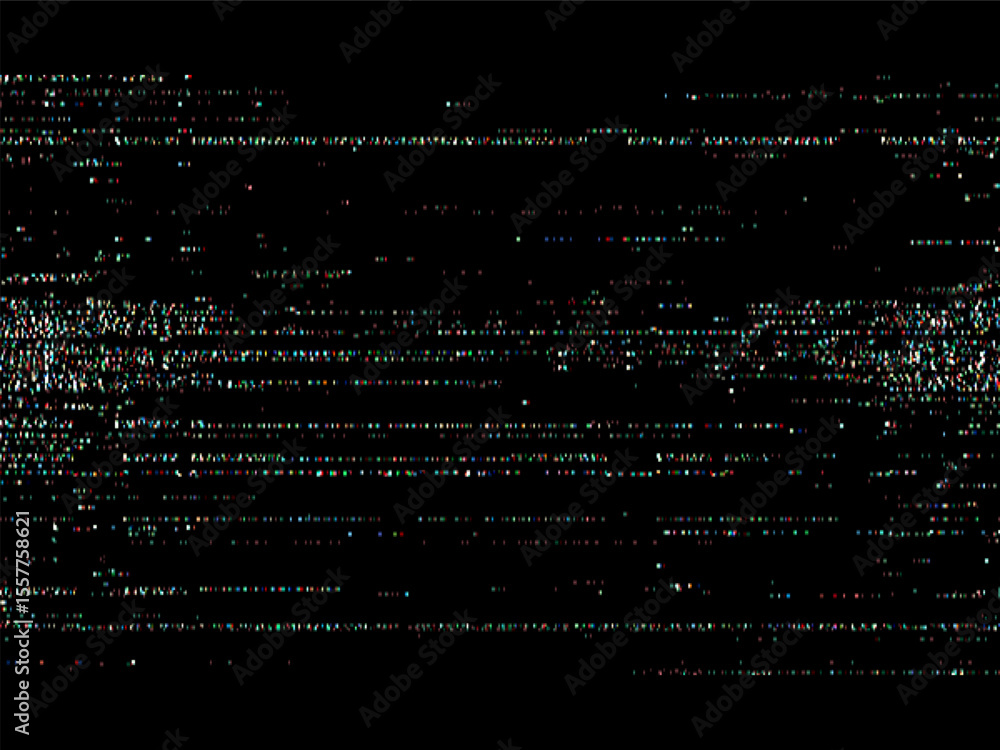 Poster VHS video noise glitch vector. Digital screen with static interference. Abstract distorted analog display for cyber and retro art.