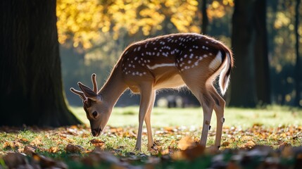 A young deer grazing on grass with autumn leaves surrounding it