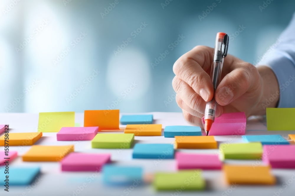 Poster a hand holding a red marker writes on colorful sticky notes arranged on a table, suggesting brainsto