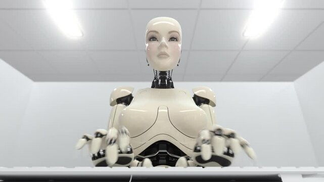 Robot Typing Fast on Keyboard, Futuristic Concept of AI Productivity and Learning, 3d Animation, 4K Ultra HD 3840x2160