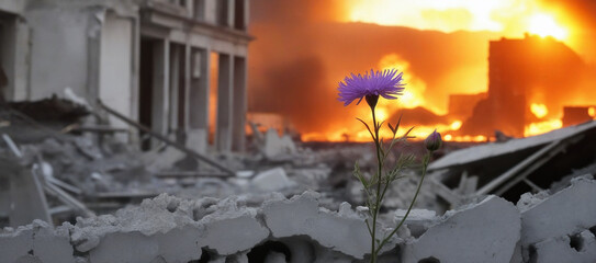 flowers against the backdrop of destroyed buildings, war