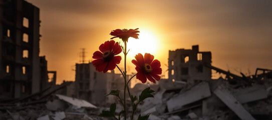 flowers against the backdrop of destroyed buildings, war