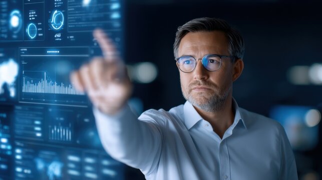 A focused man wearing glasses interacts with a futuristic digital interface displaying various data charts and graphs.