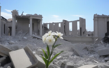 flowers against the backdrop of destroyed buildings, war