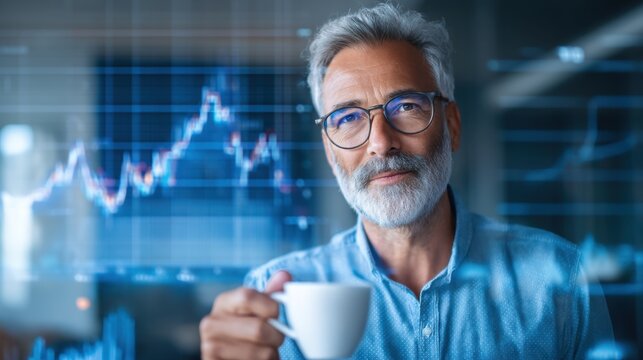 A mature man with gray hair and glasses holds a white cup, with a digital stock market graph overlay in a modern office setting.