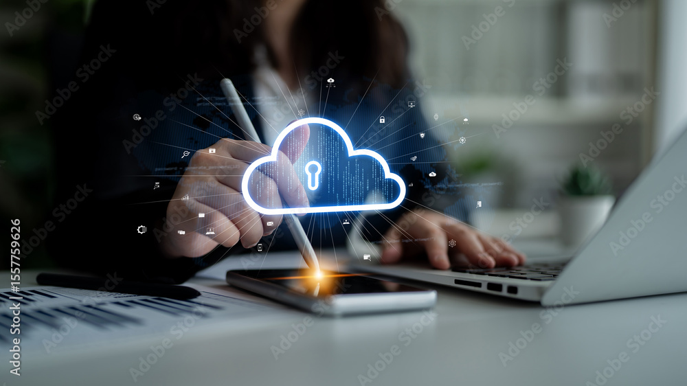 Poster cloud computing enables digital growth with secure data storage, scalable infrastructure, and strate