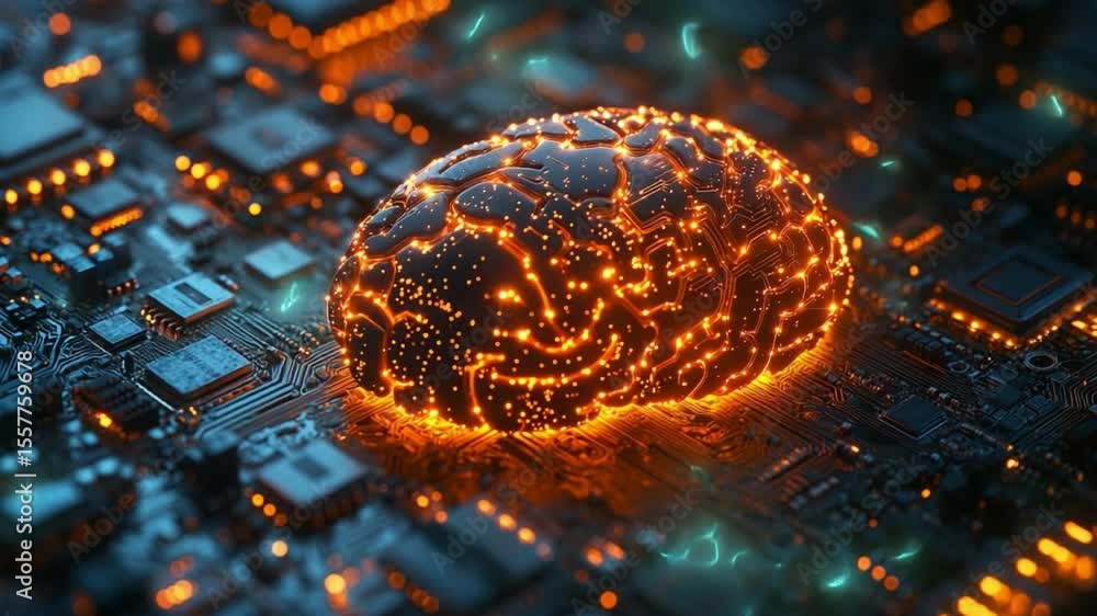 Poster Digital Brain: This image presents a glowing digital representation of a brain, rendered with intricate detail and illuminated circuits against the backdrop of a tech-inspired motherboard.