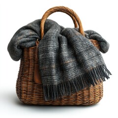 Woven basket bag with draped gray plaid blanket