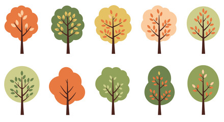 A vibrant vector illustration set depicting various autumn trees with colorful leaves, perfect for seasonal nature designs