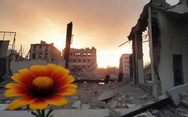 flowers against the backdrop of destroyed buildings, war