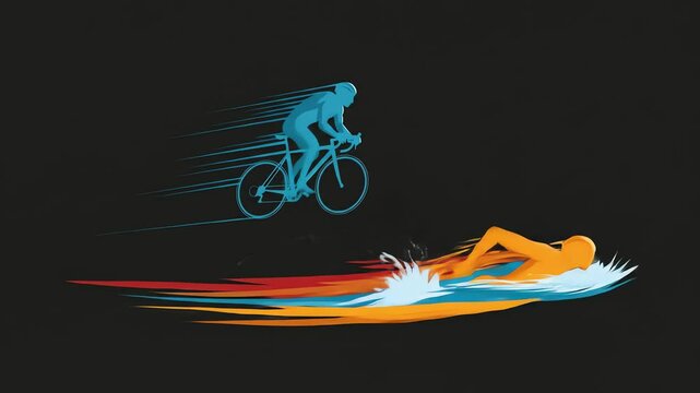 Graphic art depicts a cyclist blue above a swimmer orange against a dark background both in motion