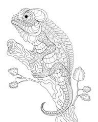 Vector illustration of black and white image of chameleon on the tree. Hand drawn in zentangle style for t-shirt design or tattoo. anti stress coloring page with wildlife.
