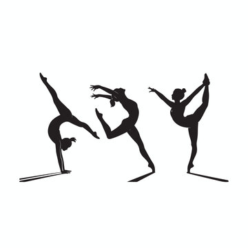 Three athletic gymnasts performing graceful poses on parallel bars in a dynamic showcasing flexibility strength and artistic expression in a striking silhouette
