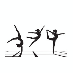Three athletic gymnasts performing graceful poses on parallel bars in a dynamic showcasing flexibility strength and artistic expression in a striking silhouette
