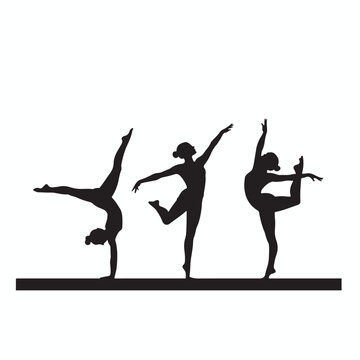 Three athletic gymnasts performing graceful poses on parallel bars in a dynamic showcasing flexibility strength and artistic expression in a striking silhouette