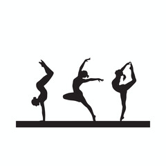 Three athletic gymnasts performing graceful poses on parallel bars in a dynamic showcasing flexibility strength and artistic expression in a striking silhouette