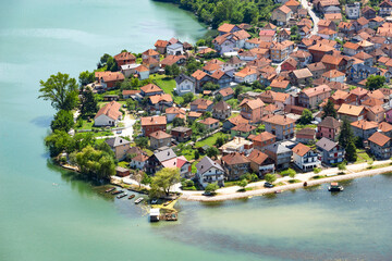 The cozy town of Divic on the bank of the Drina River, surrounded by the Balkan Mountains. Bosnia and Herzegovina