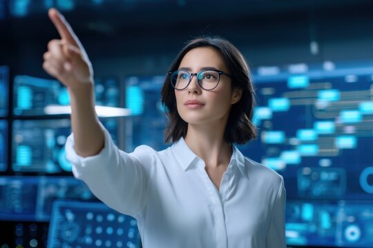 A focused woman wearing glasses interacts with a futuristic digital interface filled with data screens in a high-tech environment. - Powered by Adobe