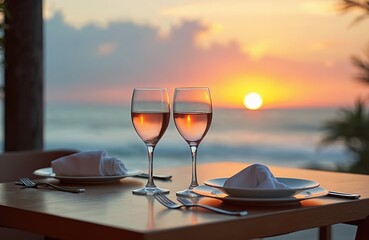 Romantic seaside dinner table setting with two glasses of wine. Sunset background with ocean view. Vacation, travel, romantic date, holiday, leisure concept.