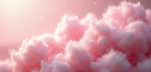 Fototapeta premium Fluffy pink cotton candy clouds on pastel pink background. Abstract dreamy sky texture. Soft, fluffy candy floss. Ideal for baby, invitation, dream, design, elegant projects. Sweet sky, beautiful