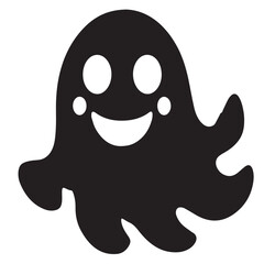 Cute happy black ghost character with big eyes and a wide smile