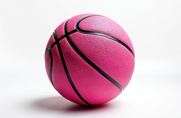 Pink basketball black lines isolated white background. Sphere sport equipment, leather texture game ball for league, match, team training. Close-up object, shadow.