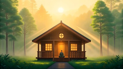 A serene wooden cabin nestled in a lush green forest, bathed in golden sunrise rays, with a person meditating on the porch surrounded by tranquil nature.

