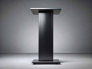 A sleek black podium stands on a gray floor against a muted gray background