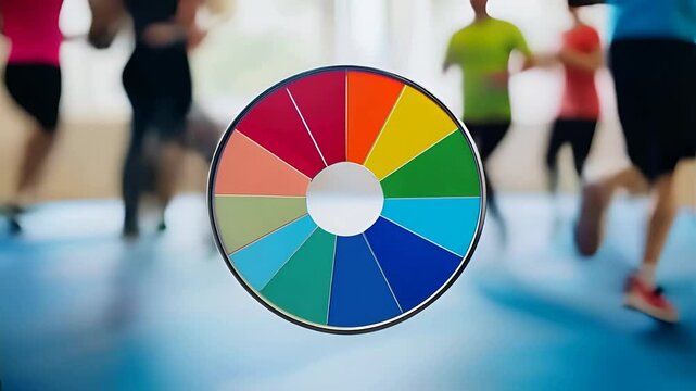 A clear circle chart with segments representing different data points. The background is a very blurred image of people exercising, creating a soft, out-of-focus atmosphere. 