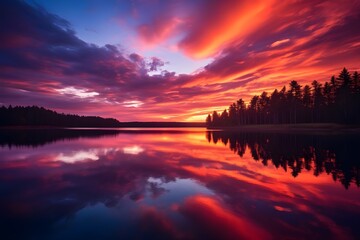 Obraz premium Sunset Serenity: A breathtaking capture of a vibrant sunset over a calm lake, reflecting hues of orange, pink, and purple