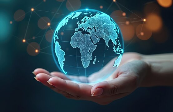 Hand holding glowing digital earth globe with network connections. Concept of global networking, international business, communication, travel, technology, information, data. Representing worldwide