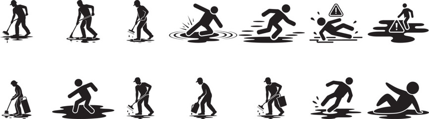 Wet floor cleaning and slipping hazard icons bucket