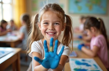 Smiling girl shows blue painted hand in classroom. Child looks at camera with cheerful expression. School lesson, art class, creative learning with classmates. Positive emotions, childhood happiness.