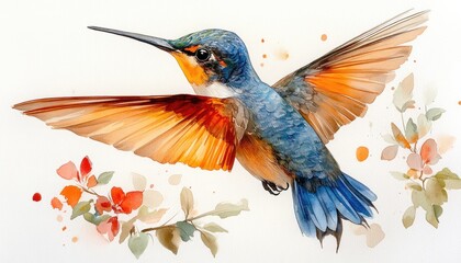 Detailed watercolor hummingbird in flight, vibrant colors