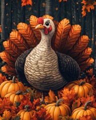 Cute turkey surrounded by autumn leaves and pumpkins
