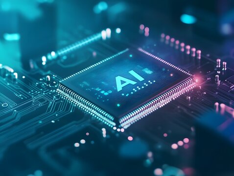 AI Microchip: Futuristic Technology, Teal and Pink Glow