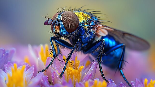 Bluebottle Fly In Extreme Close Up Showing Metallic Blue Abdomen and Intricate Eye Structure Scientific Photography Style