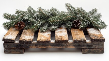 Rustic wooden pallet decorated with snowy pine branches