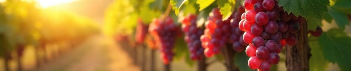 Fototapeta premium Sun-Drenched Autumn Grapes Hanging Heavy on the Vine, Ready for Harvest in a Lush Vineyard