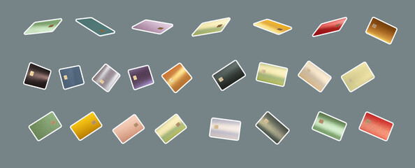 Bank cards in a diverse assortment, featuring credit, debit, metallic, glossy finishes. Set of