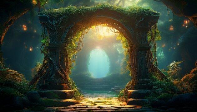 enchanted forest gateway mysterious stone archway overgrown with vines glowing with magical light serene mystical scene