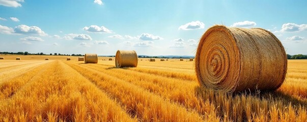 Golden Hay Bales Gleaming Under a Bright Blue Sky A Sun-Drenched Ranch Field Scene Perfect for Agriculture, Farming, and Rural Countryside Themes.