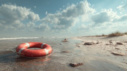 Obraz premium Orange lifebuoy resting on sunny beach sand