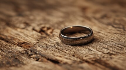 Wedding ring on rustic wooden table
