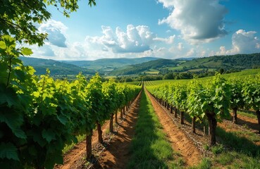 Naklejka premium Vineyard landscape scenic view, rows of green vines, summer sun, blue sky with clouds. Mosel wine region, Germany, rural, travel, nature, vinery. Wine production, agriculture, food and drink concept.