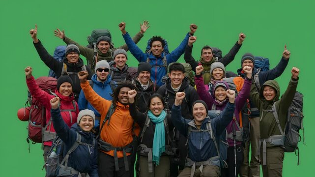 Hiking group celebration successful expedition joyful team on green screen background