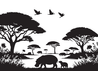 African Landscape Silhouette Vector Art with Hippos and Birds