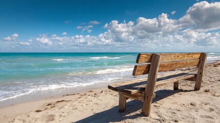 Fototapeta premium Wooden bench on sandy beach shoreline